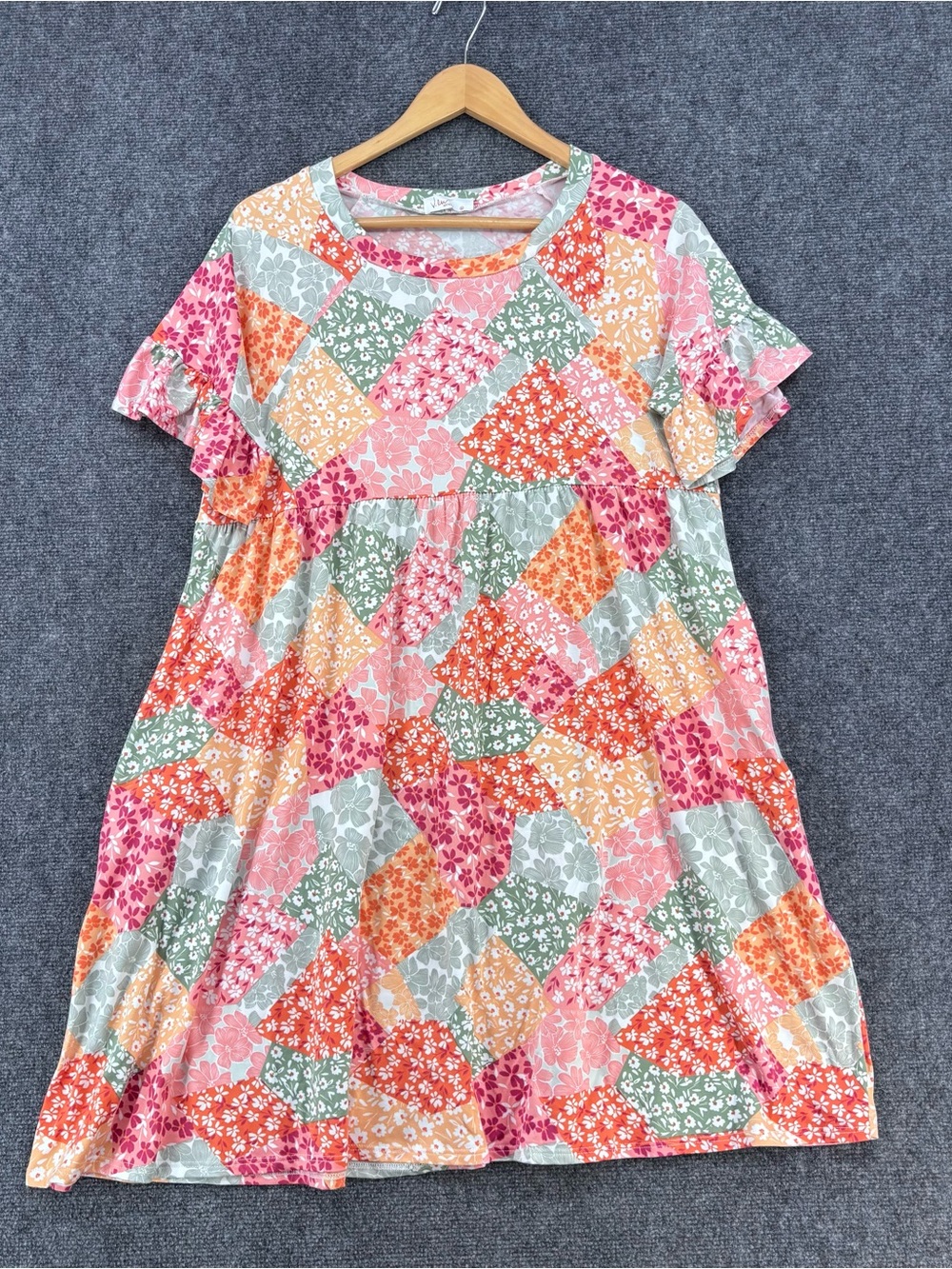 V Lu Style Colorful Micro Floral Patchwork Babydoll Mini Dress Size M USA Made